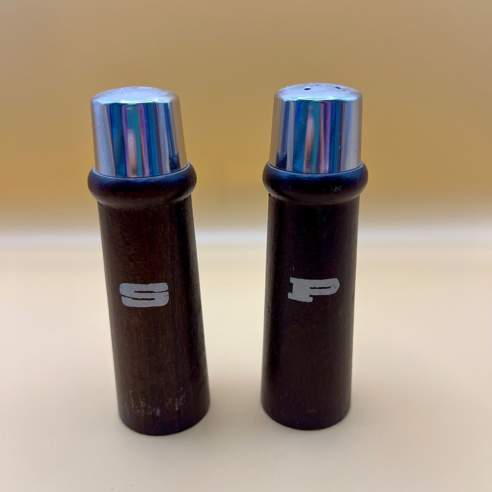 Vintage‎ MCM Dark Wood Chrome Salt & Pepper Shakers Set Made in Japan Retro